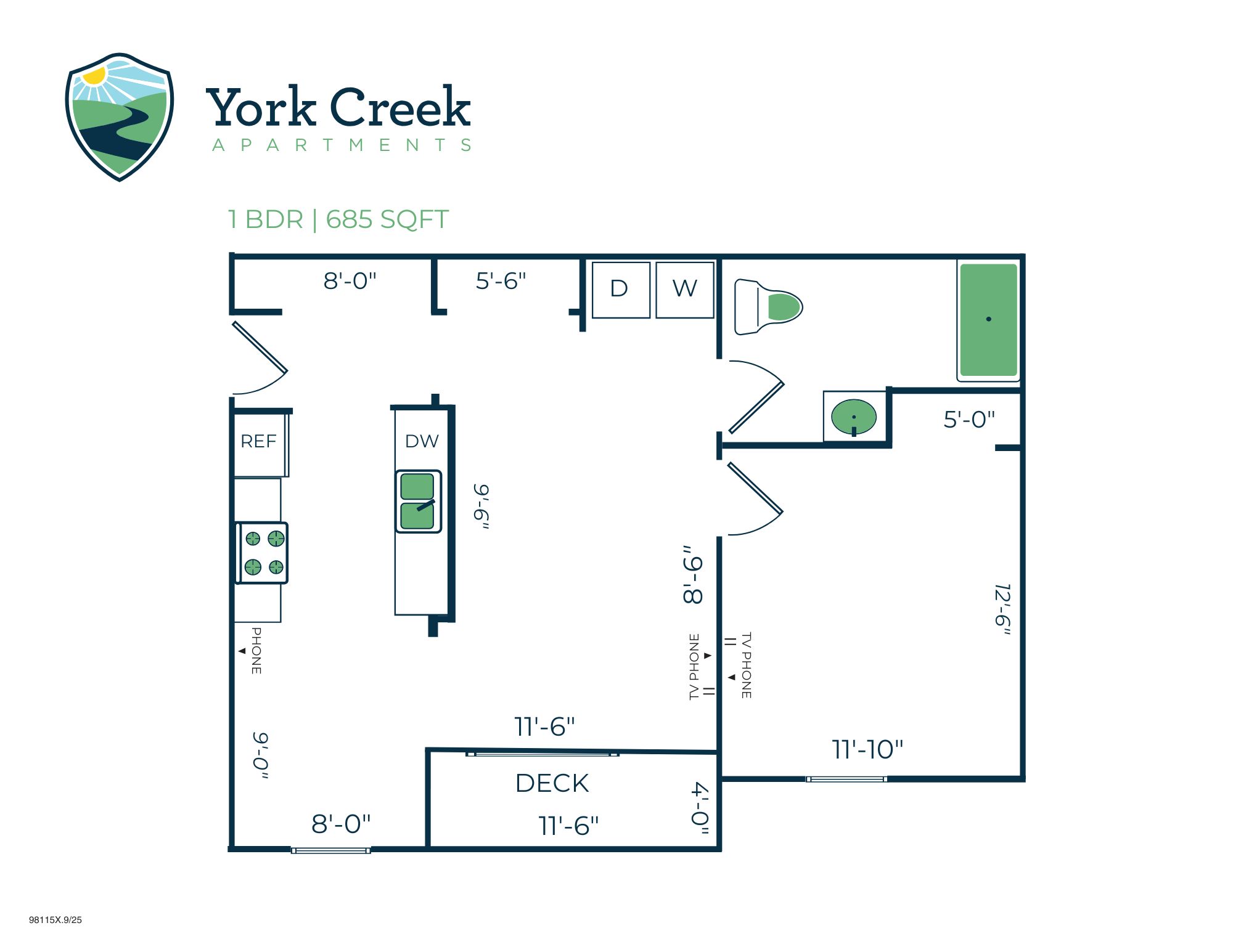 Floor plan for 1 bed, 1 bath, 685 sqft